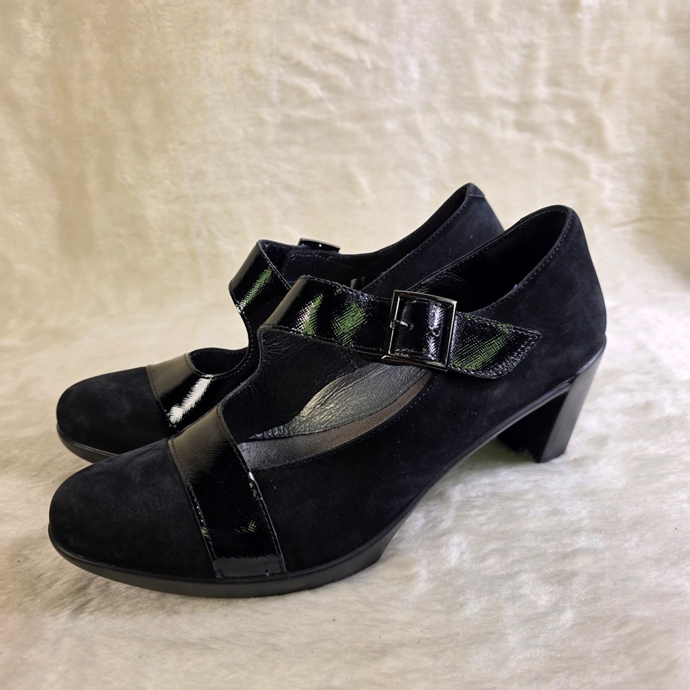 Naot Brava Mary Jane Pumps Black Suede Patent Leather Womens 38 7 Excellent